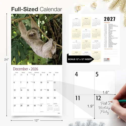 Vista 5 de RED EMBER Perezosos Calendario de Pared 2026 de 12 Meses 12" x 24" Abierto Papel Grueso y Resistente Regalo de Fiestas Calendario