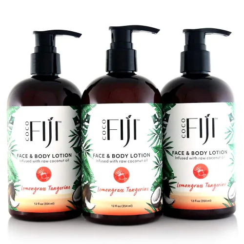 Vista 8 de Coco Fiji Loción facial y corporal infundida con aceite de coco, loción para piel seca, crema facial hidratante y loción de masaje para mujeres