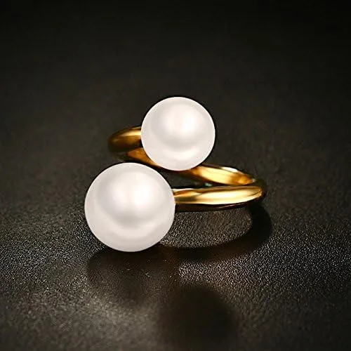 Vista 2 de Anillo de doble perla de imitación anillo grande de acero inoxidable chapado en oro para mujer