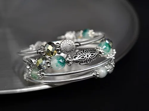 Vista 5 de Pulseras apilables con cuentas para mujer, pulsera de plata bohemia envuelta en capas, regalos de joyería de moda para ella, Ágata