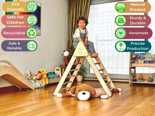 Vista 3 de Montessori Triángulo de escalada de madera para niños Marco de escalada plegable para interiores para niños y niños pequeños Equipo de parque