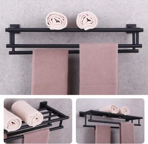 Vista 2 de GERZWY Estante de toalla con doble toallero organizador para baño, 24 pulgadas, acero inoxidable SUS 304, montaje en pared, moderno color negro mate