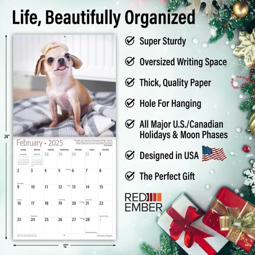 Vista 3 de RED EMBER Chihuahua Puppies 2025 Calendario de pared de 12 meses 12 x 24 pulgadas abierto Papel grueso y resistente Regalo Calendario 2025