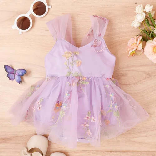 Vista 2 de ODASDO Infant Baby Girl Tulle Romper Flower Embroidery Princess Bodysuit with Headband Birthday Party Cake Smash Outfit