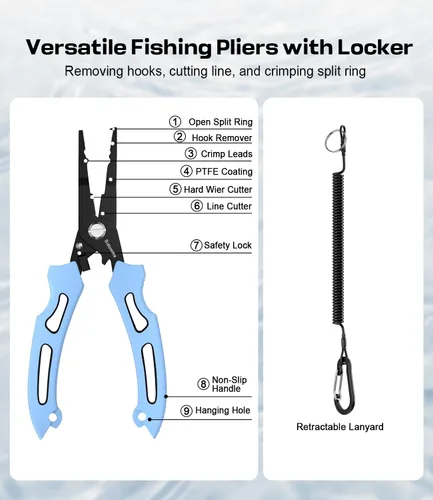 Vista 3 de Kit de herramientas y equipo de pesca profesional Sidomma con alicates de pesca, cuchillo de filetear, tijeras, agarre de labios de pez, regla