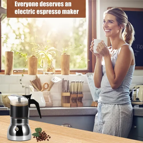 Vista 6 de Houkiper Cafetera de café expreso, 4 tazas de acero inoxidable de 6.8 fl oz, cafetera italiana, cafetera de cristal transparente, cafetera moca