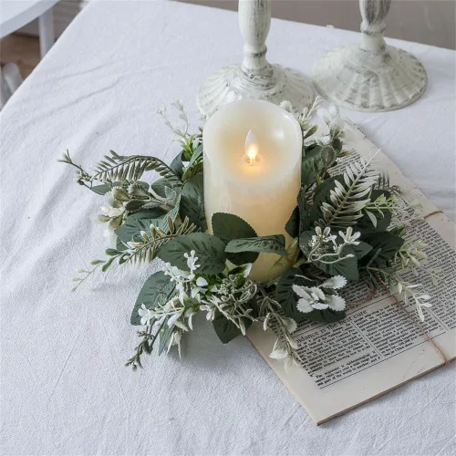 Vista 6 de Paquete de 2 coronas de eucalipto artificiales, anillos de vela, coronas de 10 pulgadas, pequeños candelabros bohemios para boda, hogar, puerta