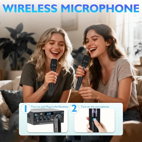Vista 8 de Micrófono inalámbrico, 2.4 GHz Pro AI Auto Match Canales Recargables Paquete de 2 Micrófonos con Recepción estable de hasta 300 pies para cantar