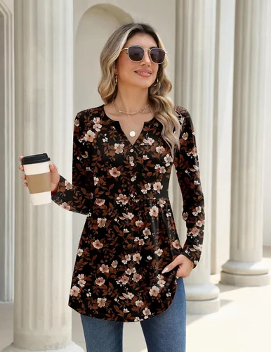 Vista 4 de Zeagoo Blusas de manga larga para mujer, estilo bohemio, cuello en V negro (Flower Black)
