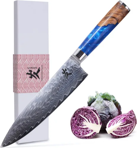 Vista 11 de SAMCOOK Cuchillo Kiritsuke de chef - Cuchillo profesional de 8 pulgadas de damasco afilado - Cuchillo de cocina Gyuto de acero inoxidable VG-10