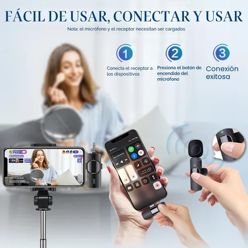 Vista 4 de Micrófono Lavalier inalámbrico 3 en 1 para iPhone, iPad, Android, cámara, batería de 12 horas, mini micrófono de grabación con reducción de ruido