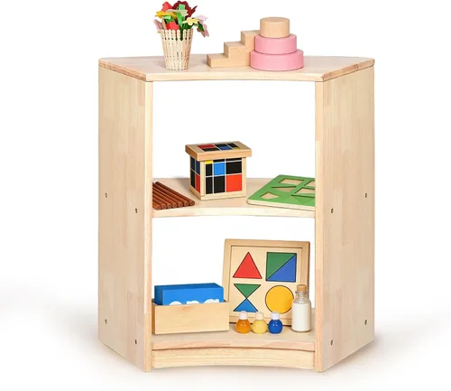 Vista 4 de Estante de almacenamiento Montessori curvado de 3 niveles - Organizador infantil para juguetes, libros y suministros de arte, muebles de gabinete