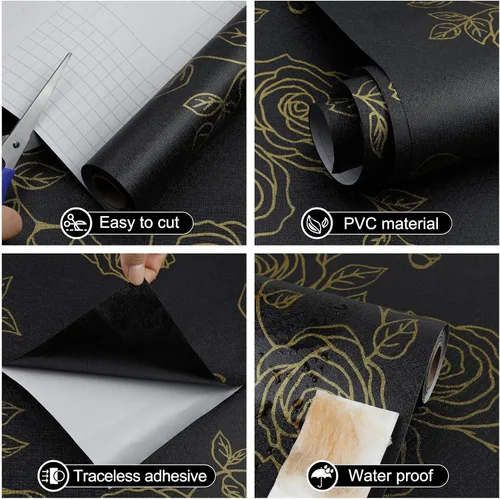 Vista 4 de Amiya Papel tapiz floral negro y dorado, línea de papel tapiz para despegar y pegar, estilo bohemio, retro, renovación de dormitorios, armarios