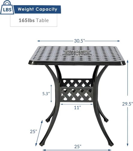 Vista 2 de Mesa de comedor al aire libre de 30.5 pulgadas, cuadrada, para patio, mesa de bistró, de aluminio fundido de bronce, mesa grande rústica con agujero