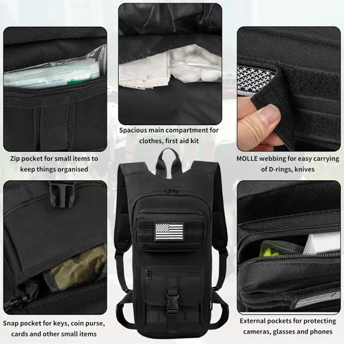 Vista 5 de Mochila de hidratación, táctica Molle Water con vejiga de agua de TPU de 2 L, para hombres y mujeres, mochila de agua ligera, paquete de hidratación