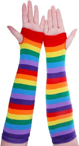 Vista 6 de Conjunto de calcetines de arco iris para mujer, a rayas, hasta la rodilla, calentador de brazos, guantes sin dedos