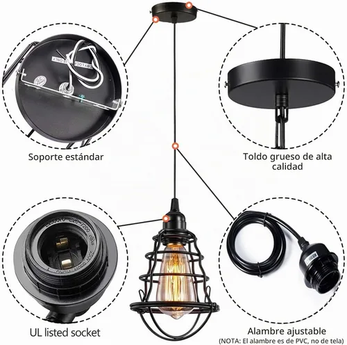 Vista 3 de INNOCCY - Lámpara colgante industrial Edison E26 E27, base vintage ajustable, lámpara colgante para cocina, hogar, 2