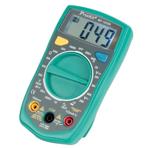 Vista 4 de Pro'sKit MT-1233D Mustimetro digital, 3 1/2 dígitos 1999 cuentas, DCV 500V, ACV 500V, DCA 10A, resistencia 200MΩ, salida de señal cuadrada 50Hz