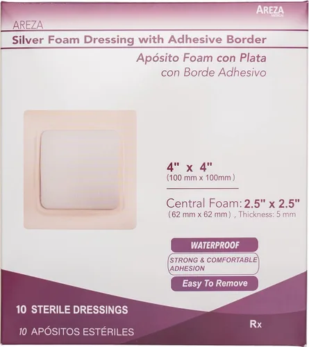 Vista 3 de Areza Medical - Almohadilla de espuma plateada para heridas - Estéril - 4" X 4" (3.9 in X 3.9 in) - Borde adhesivo - 10 unidades por caja