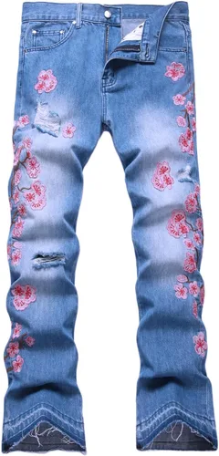 Vista 14 de Baylvn - Pantalones de mezclilla para hombre con diseño patchwork, ajustados y cómodos, estilo motociclista 3132 Camuflaje y azul