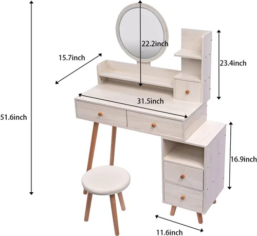 Vista 6 de Juego de mesa de tocador y taburete, escritorio de tocador con espejo LED de control táctil, longitud ajustable, juego de tocador para dormitorio