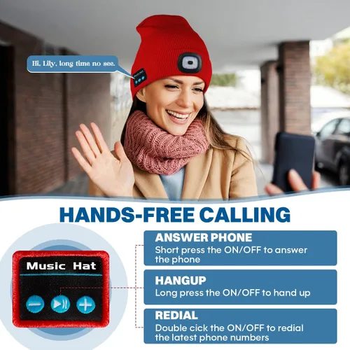 Vista 4 de Bosttor Gorro Bluetooth con luz, gorro para faros delanteros con auriculares y micrófono de altavoz integrado, regalos para hombres, mujeres
