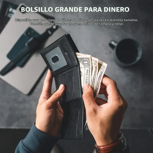 Vista 3 de VULKIT Cartera con tarjetero para hombre, con cierre magnético, bloqueo RFID, billetera de cuero triple Negro