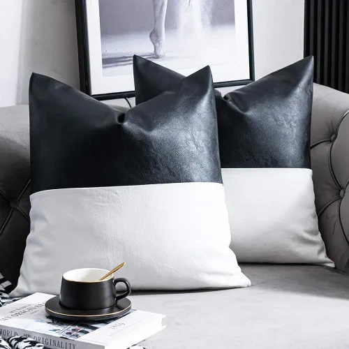 Vista 10 de DEZENE Fundas de Almohada Decorativas de Cuero Sintético y Algodón para Sofá Cama Sofá, Juego de 2 de 12 x 20 pulgadas Modernas Cuadradas Negro
