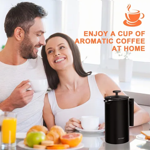 Vista 8 de Secura Cafetera de prensa francesa con filtro de acero inoxidable de 3 capas, 34 onzas, negro, diseño aislado de doble pared con 2 filtros