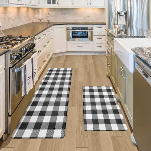 Vista 3 de Tapete de cocina, 2 unidades, acolchado, antifatiga, a cuadros, de 17.3 x 27.5 pulgadas + 17.3 x 47 pulgadas, tapete de cocina blanco y negro