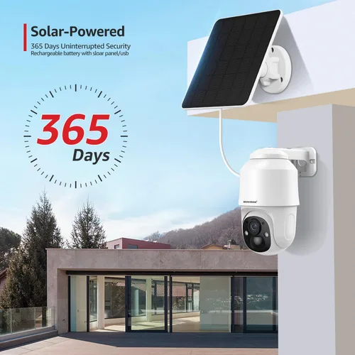 Vista 2 de BOAVISION Cámara de seguridad inalámbrica WiFi al aire libre, cámara con energía solar, inclinación panorámica, visión de 360°, detección humana