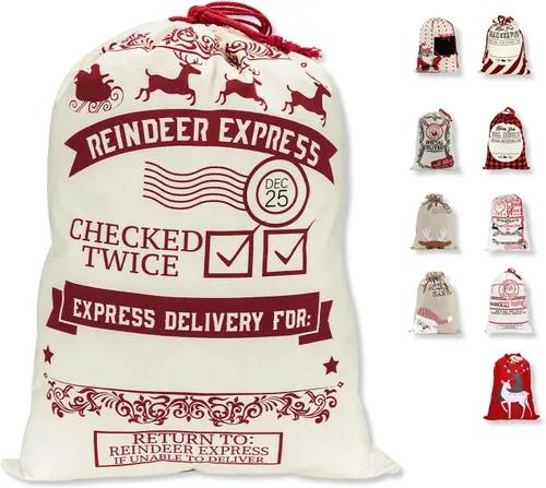 Vista 9 de LessMo - Saco de Navidad para Papá Noel, Bolsa de regalo de Navidad grande con cordón, reutilizable, personalizada para el almacenamiento