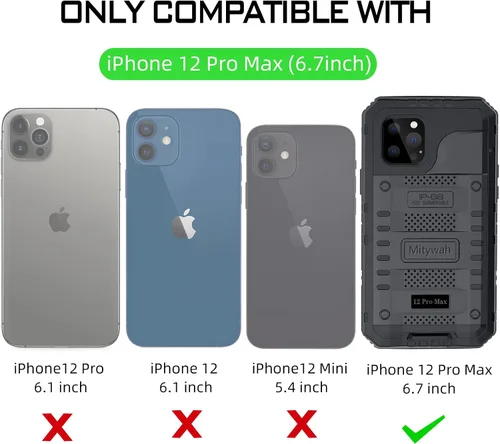 Vista 2 de Mitywah Funda impermeable para iPhone 12 Pro Max, funda de metal resistente de grado militar, protección de cuerpo completo, resistente, a prueba