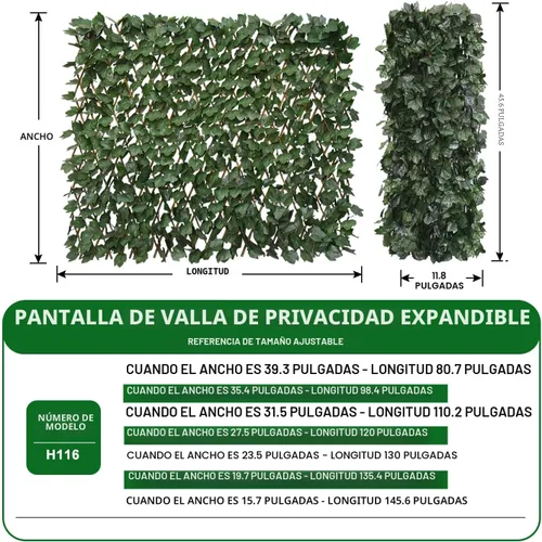 Vista 2 de Pantalla de Privacidad de Cerca Expandible para Balcón, Patio Exterior, Panel Decorativo de Cercado de Hiedra Artificial, Setos Artificiales