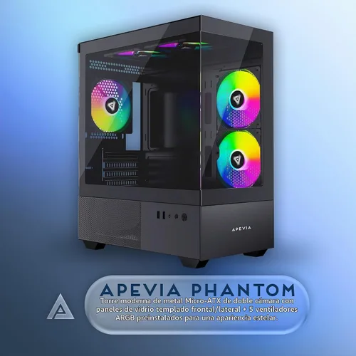 Vista 2 de Apevia Phantom-BK Phantom Micro-ATX Carcasa de PC de Juegos de Cámara Dual con 5X 120mm Ventiladores ARGB, 366 Modos RGB, Paneles de Vidrio Templado