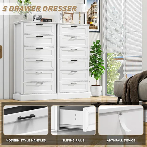 Vista 5 de biukpci Cómoda alta blanca de 6 cajones, cómoda vertical de madera para dormitorio, 140 cm de alto, cómodas modernas de lencería para armario, sala