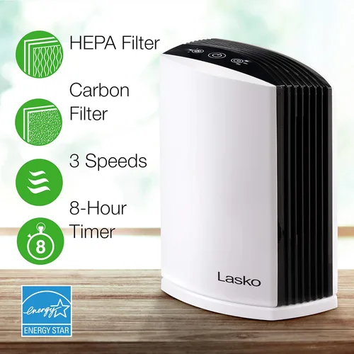 Vista 2 de Lasko LP200 - Purificador de aire de escritorio HEPA con temporizador para un entorno doméstico más limpio y fresco, filtración de 2 etapas que