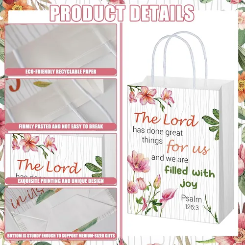 Vista 3 de Yeaqee 24 bolsas de regalo religiosas cristianas a granel con asas, 6 estilos reutilizables, flores religiosas, bautismo religioso, versículo