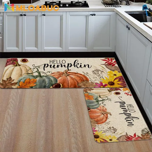 Vista 4 de Juego de 2 Tapetes de Cocina Hello Fall, Alfombra de Cocina de Calabaza de Acción de Gracias, Alfombra de Piso Decorativa Creativa de Vacaciones