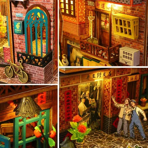 Vista 6 de Casa de muñecas hecha a mano con forma de libro en miniatura, kit de muebles de casa de muñecas, modelo de tienda nostalgia, habitación creativa