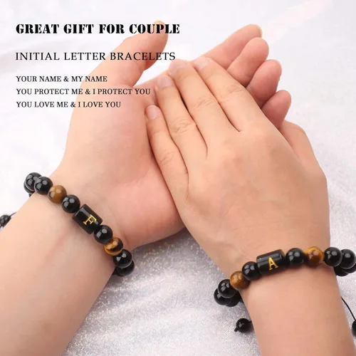 Vista 4 de BONNY BOXX Pulseras con iniciales para hombres, hechas a mano, natural, de ágata negra, cuentas de piedra de ojo de tigre, trenzadas, curativas