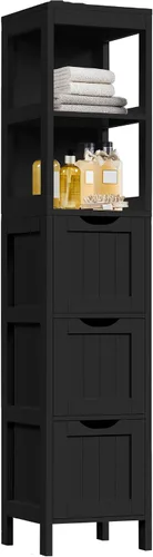 Vista 11 de Yaheetech Armario de almacenamiento para baño, gabinete de piso pequeño con 2 cajones extraíbles, organizador de almacenamiento delgado para baño