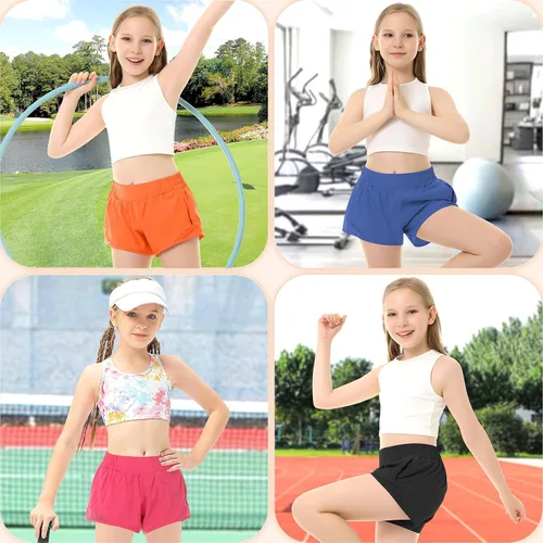 Vista 5 de Pantalones cortos deportivos para niñas, de secado rápido, con bolsillo con cremallera, para adolescentes y niños, pantalones cortos deportivos
