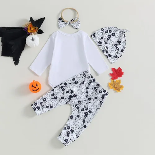 Vista 3 de Ropa de bebé de Halloween para niño y niña, fantasma, manga larga, mameluco, pantalones, diadema, sombrero, recién nacido, trajes de otoño