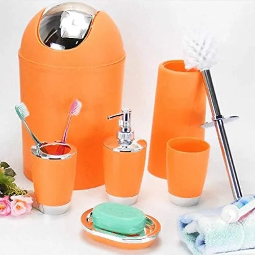 Vista 3 de 6 piezas de accesorios de baño, vaso para cepillo de dientes, dispensador de jabonera (naranja)