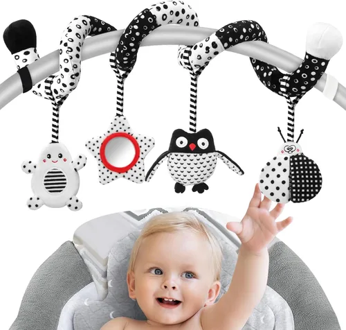 Vista 9 de Juguetes Colgantes para Asiento de Coche y Juguetes para Cochecito para Bebés de 0-6 Meses, Juguetes de Bebé de Alto Contraste para Recién Nacidos
