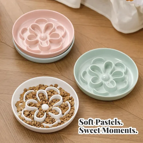 Vista 6 de Cuenco de melamina para gatos de alimentación lenta – Plato de comida para gatos con laberinto floral – Plato plano para alimentos secos y húmedos