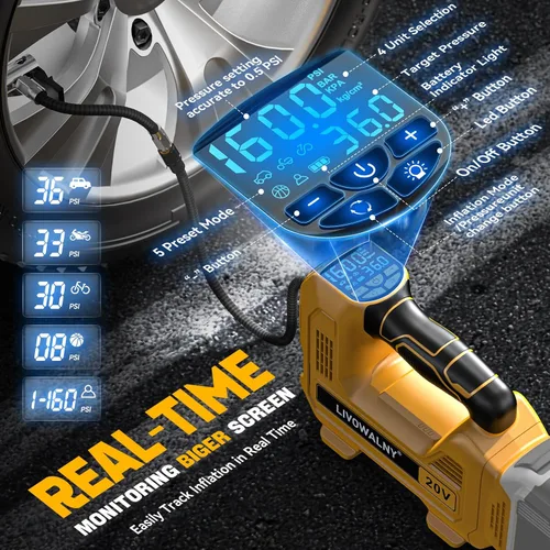 Vista 4 de Inflador de neumáticos inalámbrico, compresor de aire portátil, bomba de aire de neumáticos compatible con batería Dewalt de 20 V, bomba automática