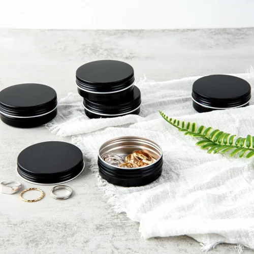 Vista 4 de Restaurantware RW Base - Cajas de almacenamiento de lata de 2 onzas, 100 cajas redondas de lata con tapas, tapas atornillables duraderas