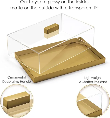 Vista 3 de Soporte acrílico para tartas Bandeja multifuncional para servir Elegante bandeja dorada para alimentos con tapa transparente Perfecto como